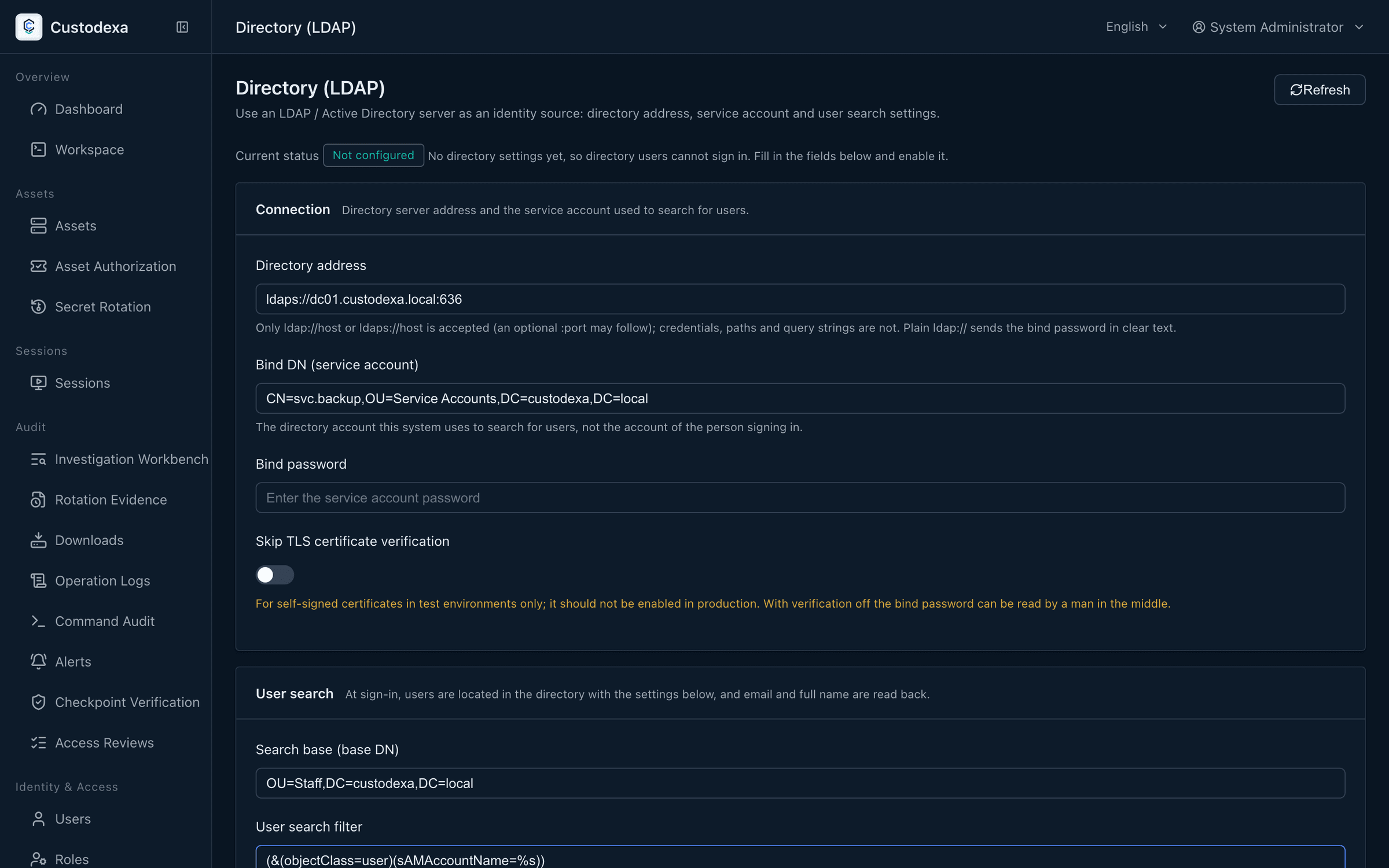 目錄設定頁:連線、使用者搜尋與啟用